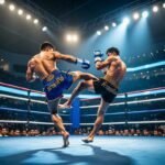 Бои муай тай Бангкок: ринг ONE Friday Fights на стадионе Лумпини с бойцами и зрителями на трибунах