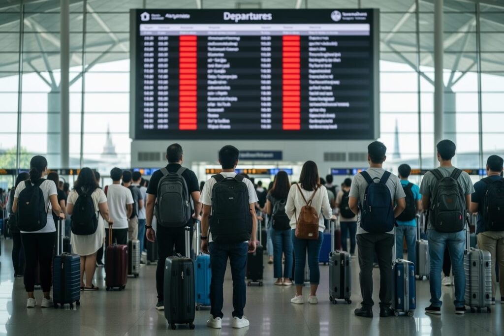 Отмена рейсов в Таиланде — туристы в аэропорту Суварнабхуми смотрят на табло с отменёнными вылетами