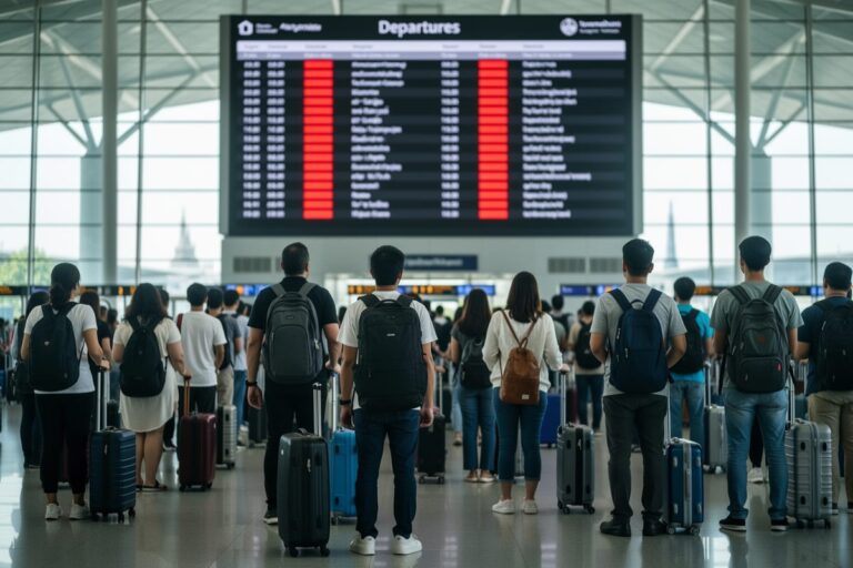 Отмена рейсов в Таиланде — туристы в аэропорту Суварнабхуми смотрят на табло с отменёнными вылетами