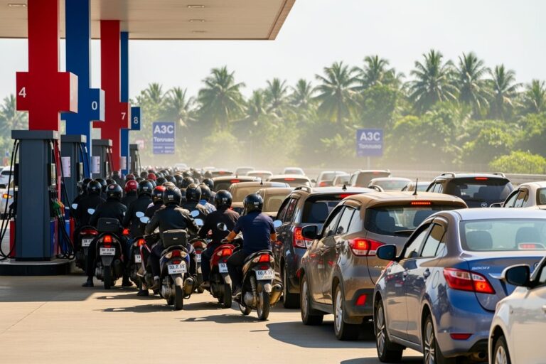 Очередь автомобилей на заправке в Таиланде из-за роста цен на топливо в марте 2026 года
