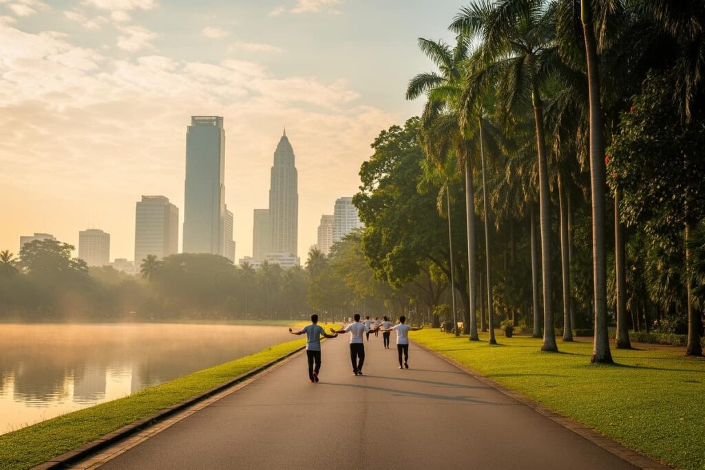 Парки Бангкока ранним утром — аллея среди тропических деревьев и озеро с видом на небоскрёбы