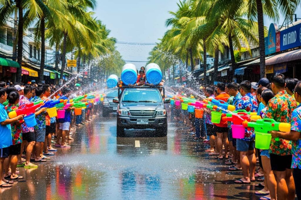 Сонгкран и Ван Лай в Паттайе и Чонбури 2026 — водные бои на Beach Road среди пальм