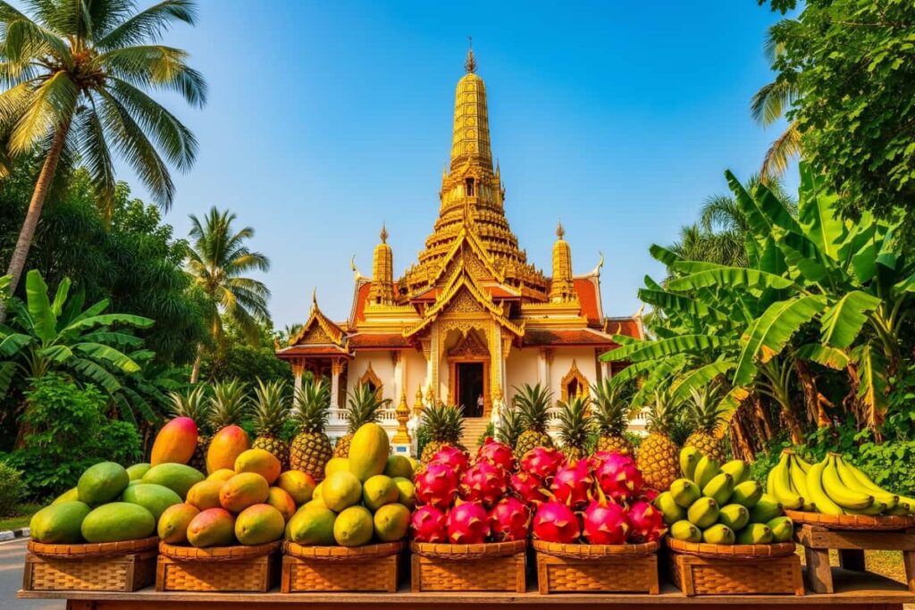 Таиланд днём — золотой храм, уличный рынок с тропическими фруктами и яркое тропическое солнце