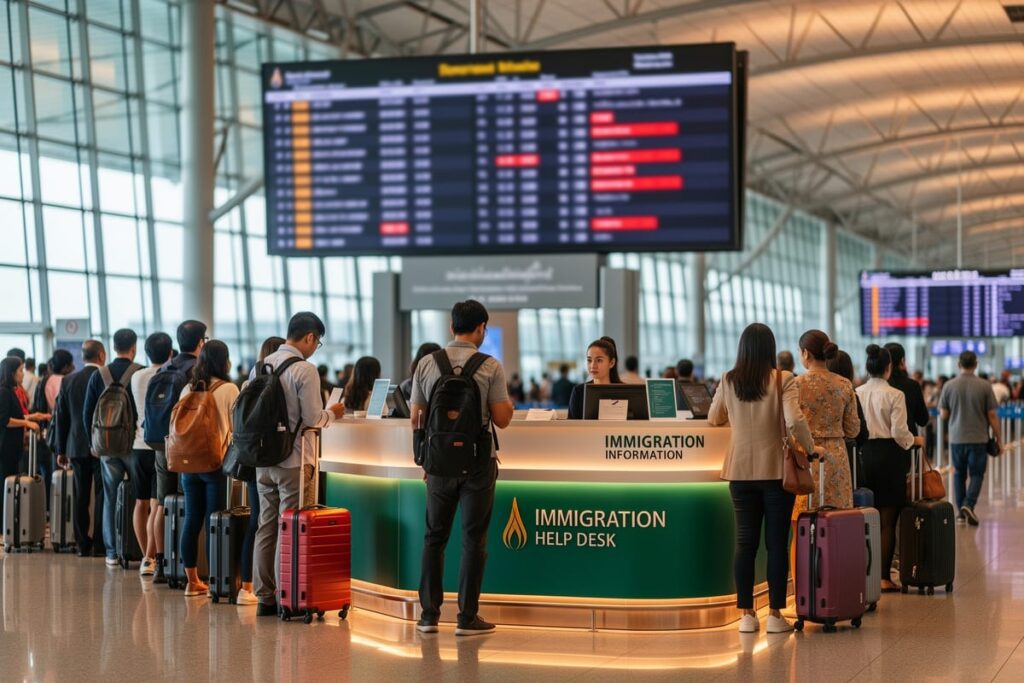 Туристы у стойки иммиграционного бюро в аэропорту — визовая амнистия в Таиланде из-за отмены рейсов