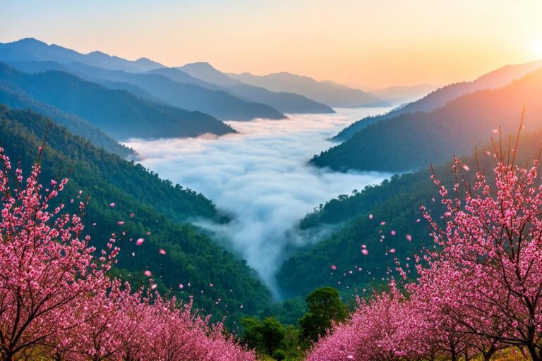 Зима в северном Таиланде — туманные горы и цветущая дикая вишня на рассвете