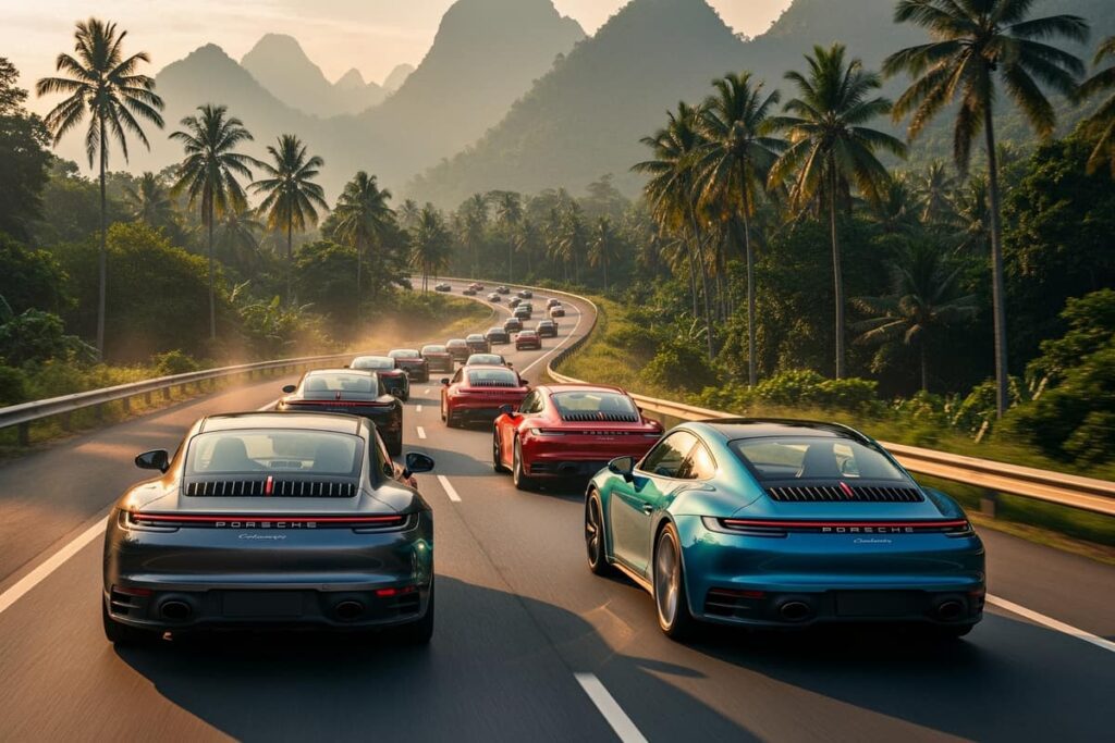 Автопробег Porsche по Таиланду — колонна автомобилей Porsche на маршруте по стране в апреле 2026 года