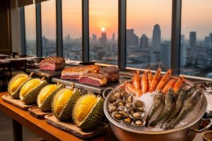 Буфет с дурианом в Baiyoke Sky 2026: дуриан, морепродукты и стейки на фоне панорамы Бангкока с 76 этажа.