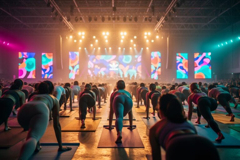 LES MILLS LIVE Bangkok 2026: фитнес-фестиваль в Paragon Hall Siam Paragon, групповая тренировка под сценой.