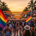 Phuket Pride 2026: яркая колонна парада с радужными флагами на улице Бангла Роуд в Патонге на закате (108 chars)