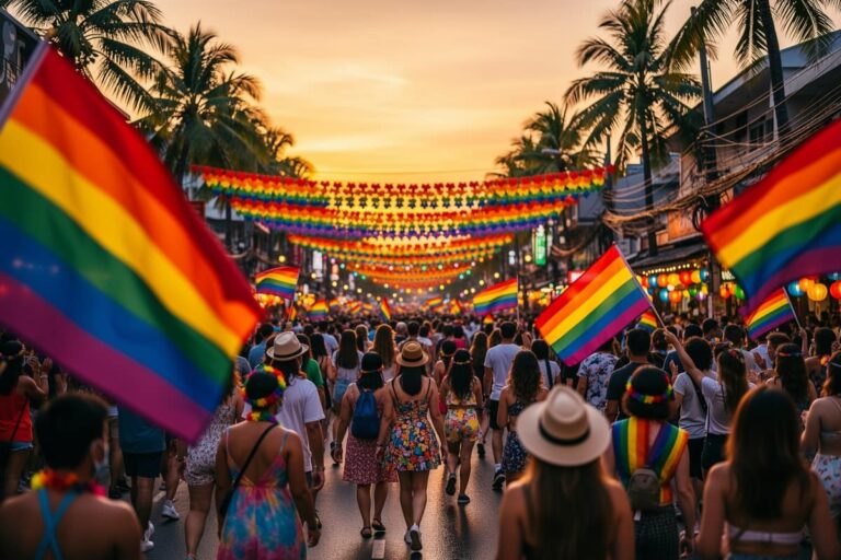 Phuket Pride 2026: яркая колонна парада с радужными флагами на улице Бангла Роуд в Патонге на закате (108 chars)