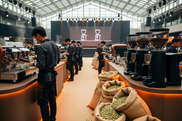 World of Coffee Bangkok 2026 в BITEC: кофейные стенды, бариста у espresso-машин и сцена чемпионата.