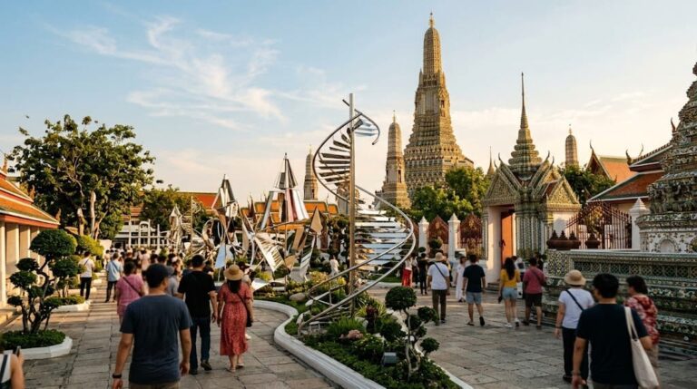 Bangkok Art Biennale 2026 в Бангкоке: современная инсталляция во дворе храма у золотой ступы