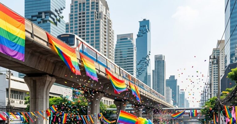 Яркий парад Bangkok Pride Festival 2026 на улице Силом в Бангкоке с огромным радужным флагом.