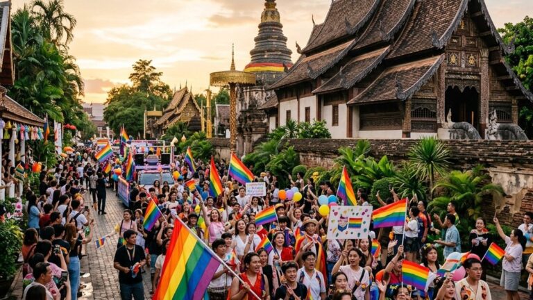 Chiang Mai Pride 2026: яркая колонна парада с радужными флагами на улице Old City мимо древних храмов Lanna в Чиангмае