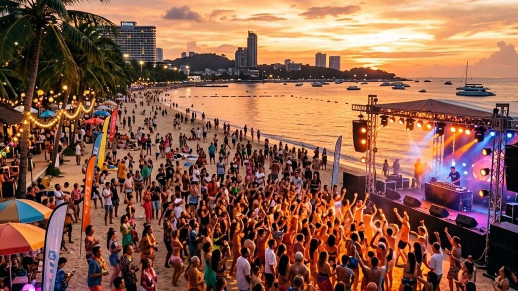 Circuit Festival Asia 2026 на пляже Паттайи: толпа на закатной beach-party у моря, тропические пальмы и сцена