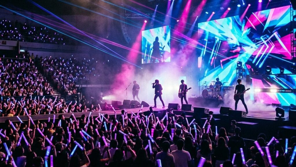 Концерт CNBLUE в Бангкоке 2026 на сцене Thunder Dome: участники корейской рок-группы 3LOGY Tour и фанаты K-rock.