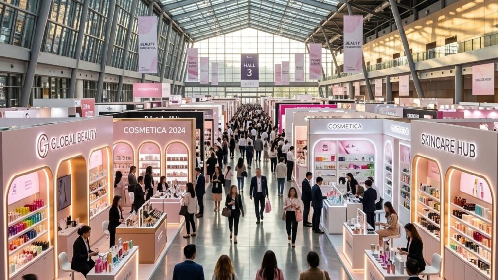 Cosmoprof CBE ASEAN Бангкок 2026: стенды beauty-брендов в зале QSNCC, посетители на B2B-выставке косметики.
