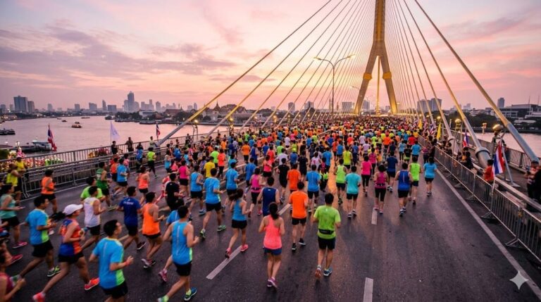 Disney Run Thailand 2026: бегуны на старте у моста Рамы VIII в Бангкоке на рассвете