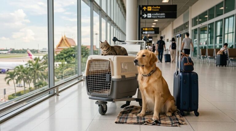 Домашние животные в Таиланде: собака и кошка с переноской в аэропорту перед перевозкой питомца