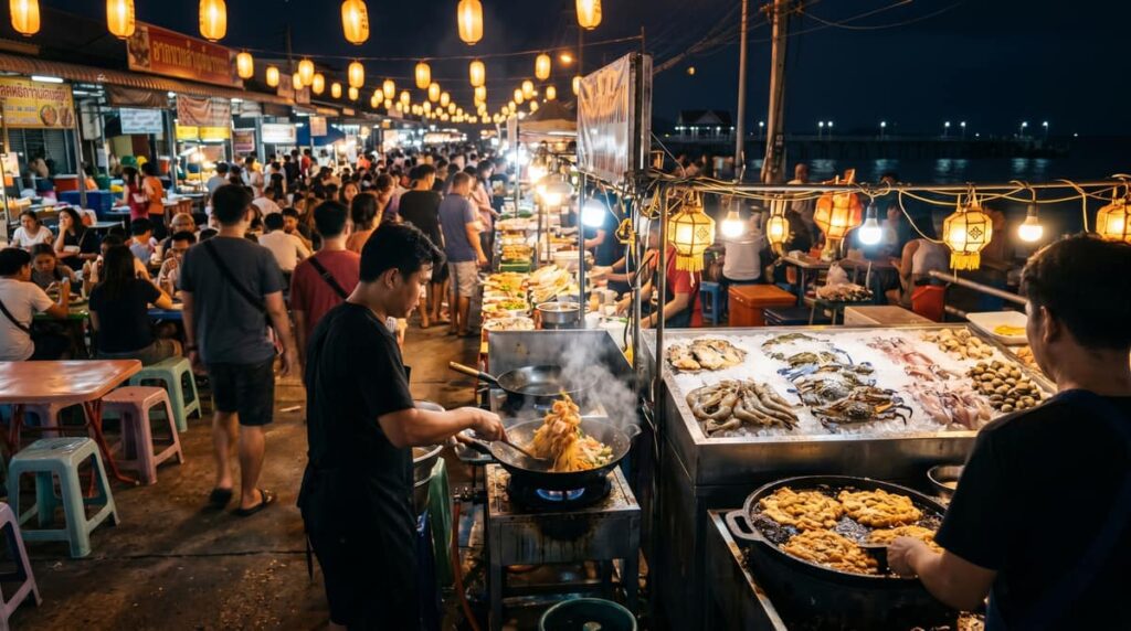 Еда в Хуа Хине — ночной рынок Hua Hin Night Market с прилавками тайской кухни, морепродуктов и стрит-фуда