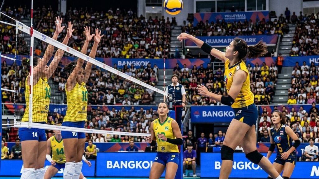 Лига наций FIVB 2026 в Бангкоке: матч женского волейбола в крытом стадионе Hua Mark, спортсменки на синей площадке.