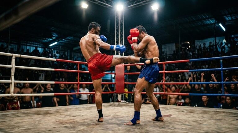 Турнир по кикбоксингу KATPRO на Пхукете: два бойца в ринге под прожекторами арены во время профессионального боя