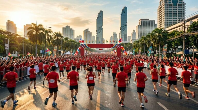Забег The Kop Run в Бангкоке: тысячи бегунов в красном на старте массового турнира у спорткомплекса Hua Mak