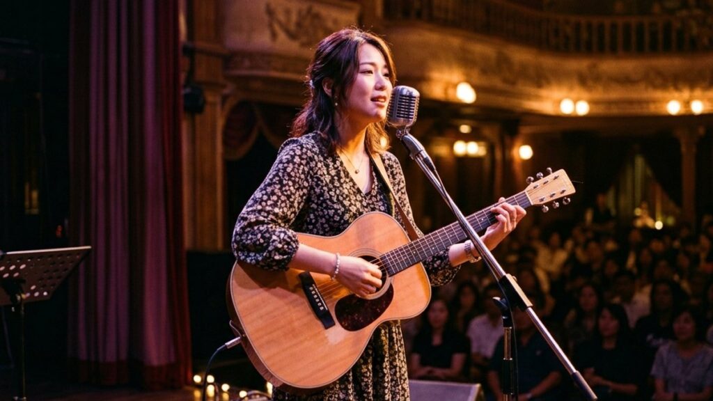 Lisa Ono в Бангкоке: японская bossa nova-исполнительница на сцене SIAMPIC HALL Bangkok с гитарой и тёплым светом.