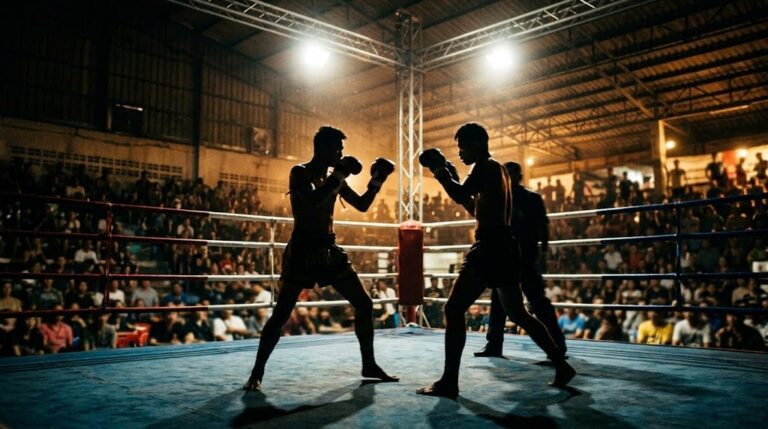 ONE Championship The Inner Circle Бангкок: освещённый ринг муай-тай и силуэты бойцов на стадионе Люмпини