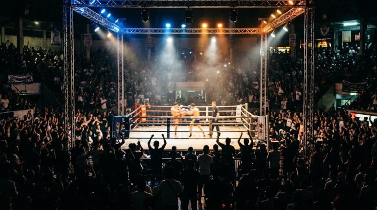 ONE Fight Night 44 в Бангкоке: освещённый ринг на арене Lumpinee и трибуны со зрителями вечером
