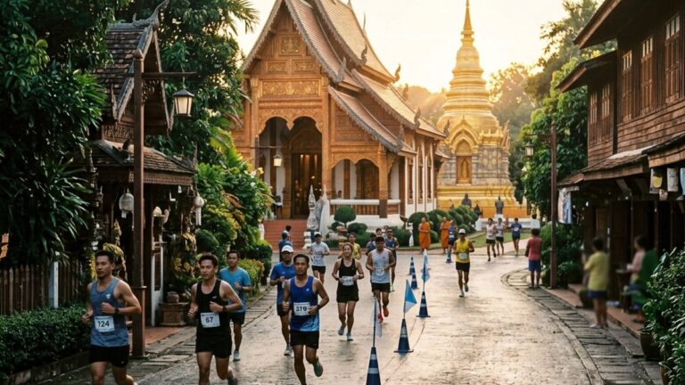 Phrae Marathon 2026 — бегуны на улицах старого Lanna-города Phrae в северном Таиланде у тиковых храмов