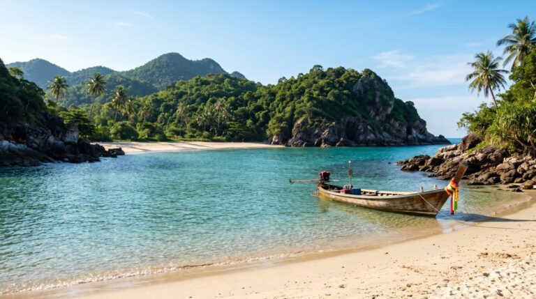Пляжи Хуа Хина — тихий песчаный полумесяц пляжа Sai Noi Beach в районе Khao Tao с лодкой