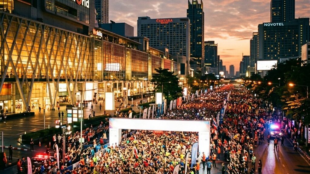 Забег Supersports 10 Mile в Бангкоке: участники на рассвете бегут у CentralWorld через центр города