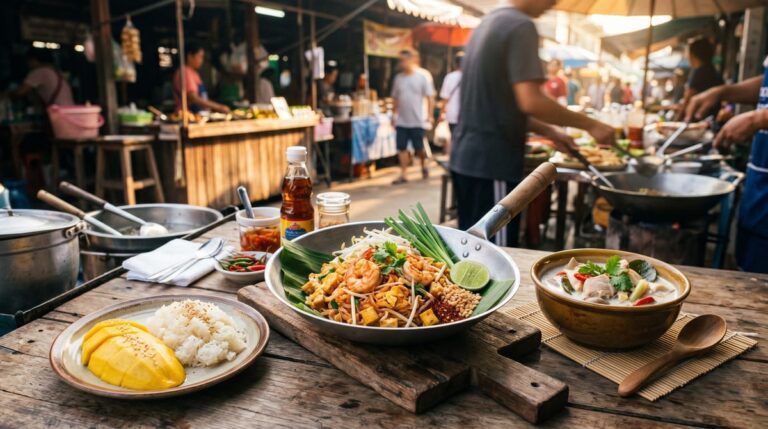 Тайская кухня для начинающих: Pad Thai, Tom Kha Gai и Mango Sticky Rice на столе уличного лотка в Таиланде