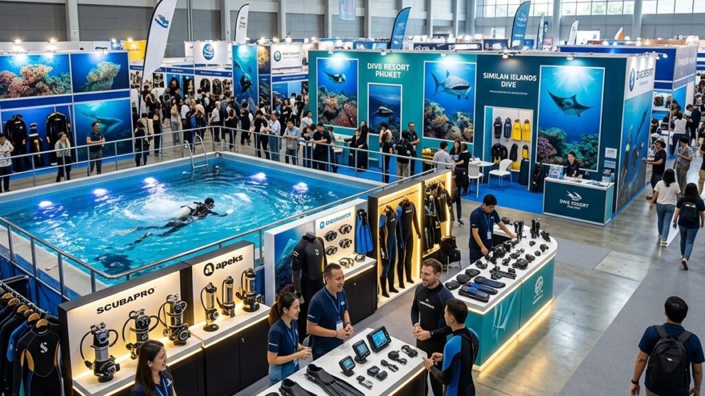 Thailand Dive Expo TDEX 2026 в QSNCC Бангкок: стенды дайв-снаряжения, дайверы и зона дайв-туров.