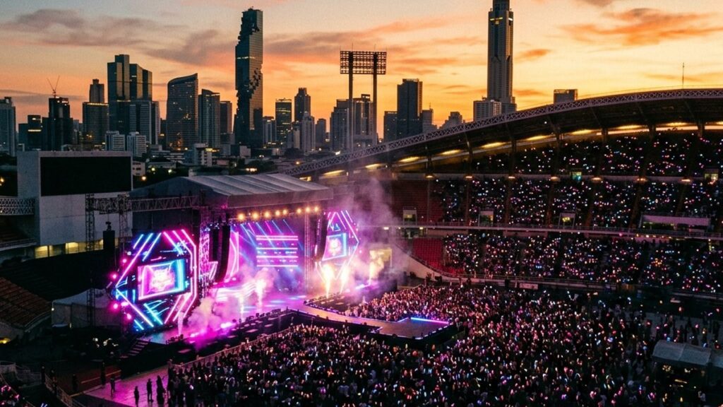 TREASURE TOUR Bangkok 2026 на стадионе Supachalasai с яркой K-pop сценой, неоновым светом и толпой фанатов