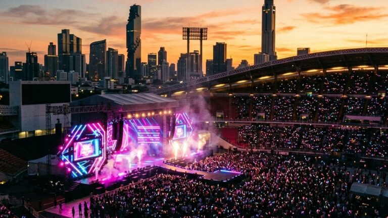 TREASURE TOUR Bangkok 2026 на стадионе Supachalasai с яркой K-pop сценой, неоновым светом и толпой фанатов