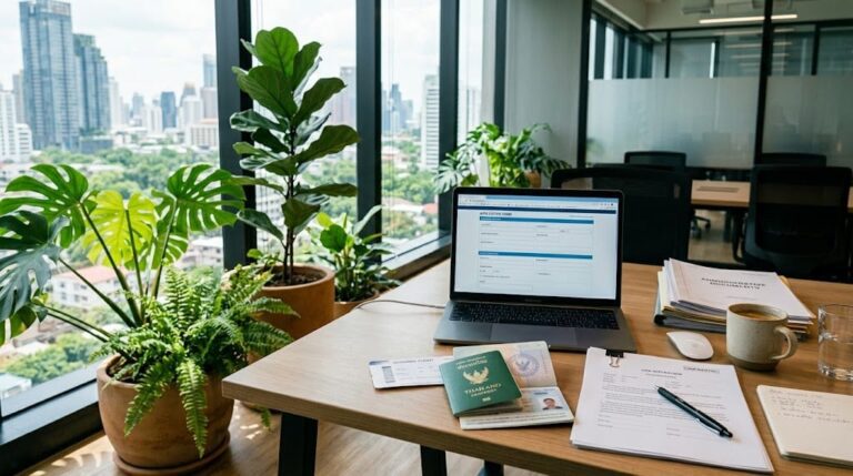 Документы, паспорт и ноутбук на столе в офисе — оформление Work Permit в Таиланде для иностранца