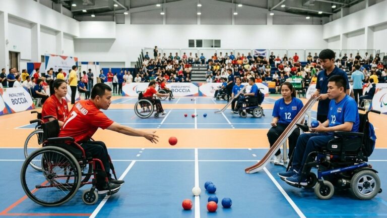 Чемпионат Asia-Oceania по boccia в Паттайе 2026: спортсмены на корте PEACH во время броска мяча