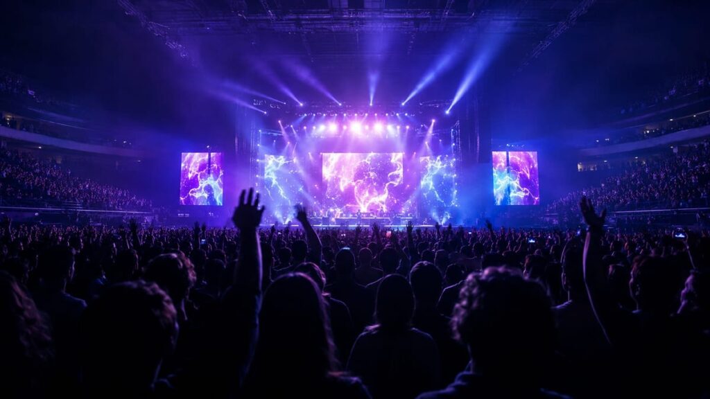 5 Seconds of Summer концерт в Бангкоке — большая крытая арена UOB LIVE, сцена с яркими огнями и толпа зрителей на живом шоу