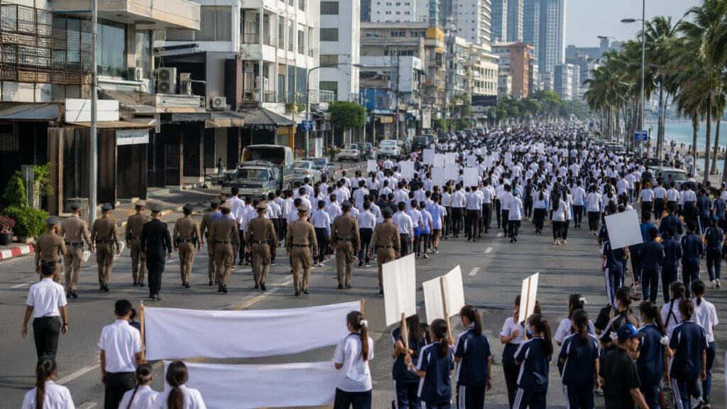 Антинаркотический марш Паттайя — шествие по Pattaya Second Road, участники в белых рубашках с плакатами в центре города