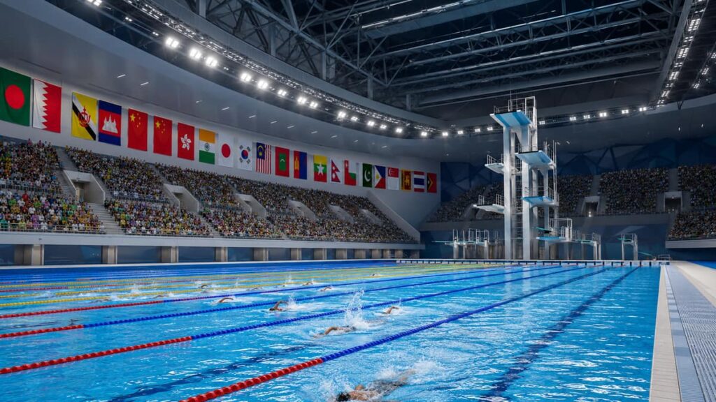 Чемпионат Азии по водным видам спорта в Бангкоке: пловцы на дорожках 50-метрового бассейна арены