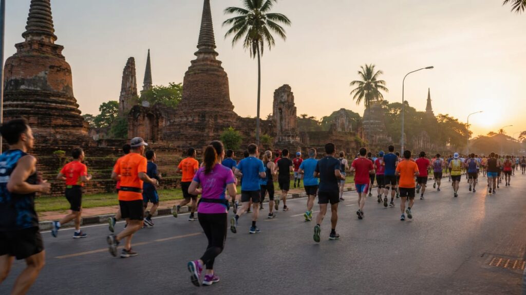 Garmin Run Ayutthaya Half Marathon — бегуны на утреннем забеге у древних храмов Аюттхаи на фоне рассвета и пальм