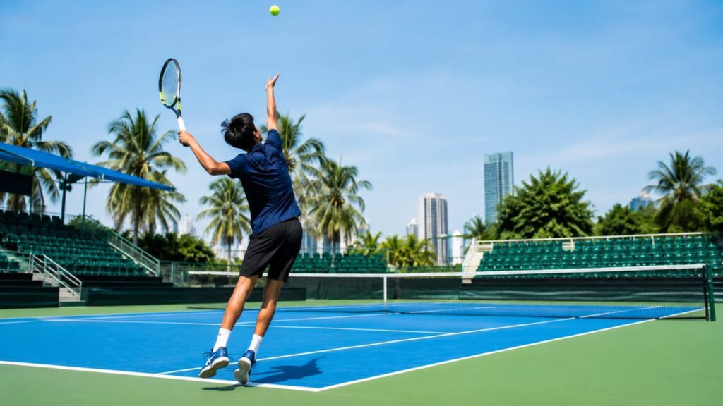 Юниорский теннисный турнир в Бангкоке ITF J60: молодой теннисист на подаче на корте Impact Muang Thong Thani