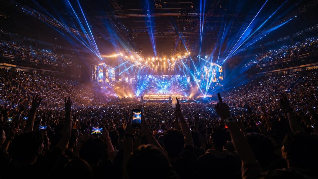 Kodaline концерт в Бангкоке — освещённая сцена в зале UOB LIVE и публика с поднятыми руками вечером.