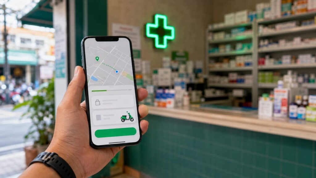 Сервис LINE MAN Telepharmacy: смартфон с приложением на фоне тайской аптеки и доставки лекарств