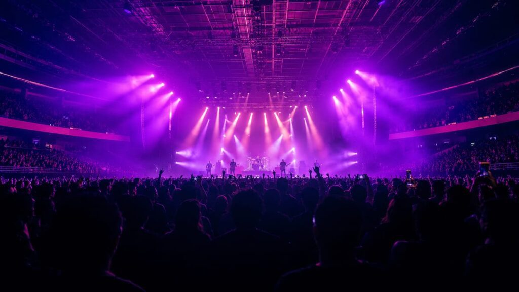 Maleewan Love in Rock Concert Bangkok — рок-концерт на сцене зала UOB LIVE: яркие прожекторы, дым и силуэты публики вечером