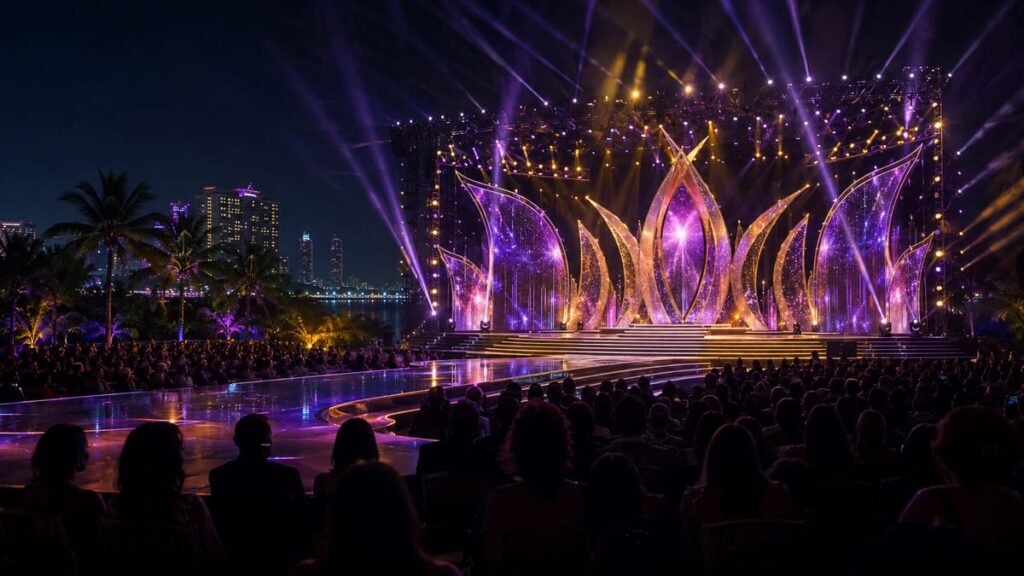 Сцена конкурса Miss International Queen 2026 в Паттайе: огни, прожекторы и праздничный финальный гала-вечер