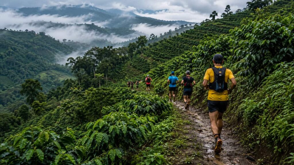 Трейл Pa Mee Trail в Chiang Rai: бегуны на горной тропе среди зелёных холмов и кофейных плантаций севера