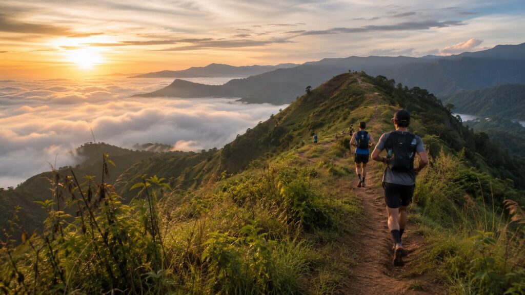 Phu Chi Fa Trail Chiang Rai — бегуны на горной тропе над морем тумана в национальном парке севера Таиланда